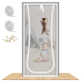 New Reinforced Cat Screen Door, Fits Door Size 34''x 80'' Heavy Duty Pets Proof Screen Door with Bilateral Zipper, Prevent Dogs Cats Running Out from Home, Bedroom,Living Room, Kitchen Patio Door