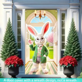BlissYard Happy Easter Door Cover Cute Easter Bunny Door Cover Easter Party Supplies Easter Party Door Cover Decorations Photography Weared Glasses Rabbit Decorative Background 71x35 Inch Front Door