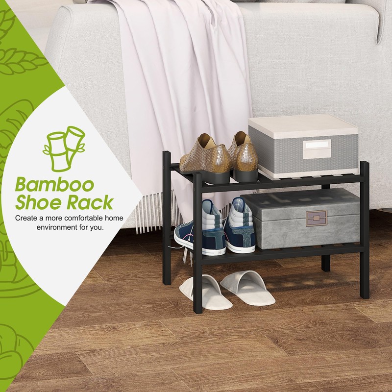 BMOSU 2-Tier Bamboo Small Shoe Rack Premium Stackable Shoe Shelf