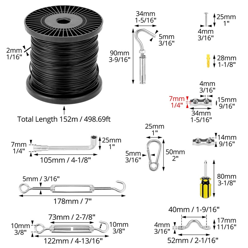 QWORK Globe String Light Suspension Kit - 500FT Black Coated