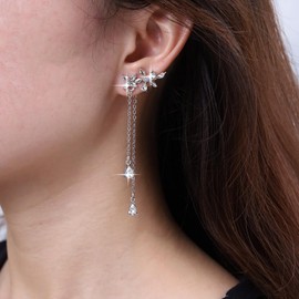 TseenYi Boho Crystal Flower Wrap Earrings Silver CZ Teardrop Chain Earrings Rhinestone Flower Climber Bridal Earrings Vintage CZ Floral Chain Earrings Jewellery for Women and Girls, Crystal