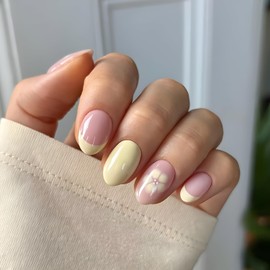 24Pcs Almond Press on Nails Short Fake Nails Flower Nails Press Ons with French Tip Design Yellow Glossy Stick on Nails Yellow Flower DIY Glue on Nails for Women and Girls