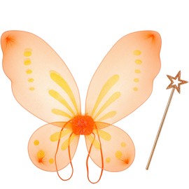 Sratte Fairy Princess Butterfly Wings Girls Kids Butterfly Costumes Set Star Wands Adults Christmas Birthday Party(Orange)