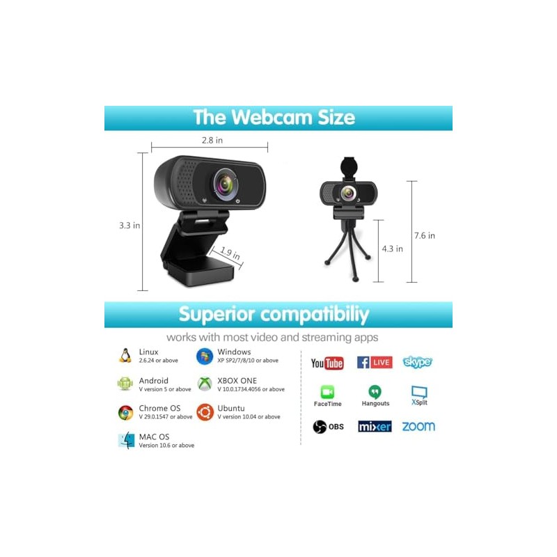 1080P Webcam,Live Streaming Web Camera with Stereo Microphone, Desktop or