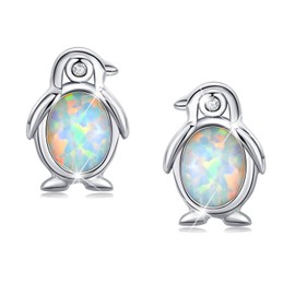 PRAYMOS Penguin Stud Earrings, 925 Sterling Silver, Synthetic Opal, Hypoallergenic, Butterfly Backs, Cute Penguin Gifts for Her