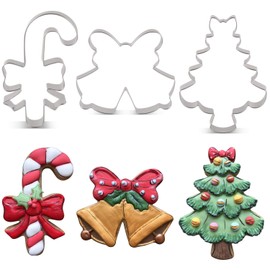 LILIAO Christmas Cute Cookie Cutter Set - 3 Piece - Candy Cane with Bow, Christmas Tree with Bow and Double Bell with Bow/Ribbon Fondant Biscuit Cutters - Stainless Steel