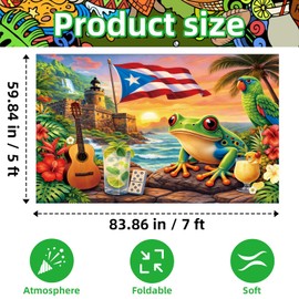 7 x 5 FT Puerto Rico Flag Backdrop, Tropical Puerto Rican Theme Hanging Photo Background with Castle, Flag, Frog, and Hibiscus Flowers, Vibrant Heritage Photography Booth Prop Cultural Decorations