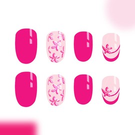 Almond Press on Nails Short Fake Nails Pink Oval False Nails Artificial Nails with Flowers Designs Stick on Nails for Women 24pcs