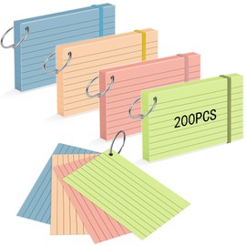 HAUTOCO Colored Index Cards 3x5 Inch 200 PCS Flash Cards with Ring Ruled Notecards with Waterproof Covers Flashcards for Studying School College Office, 4 Colors