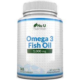 Omega 3 Fish Oil 1000mg - 365 Softgel Capsules - Up to 12 Month’s Supply - Pure Fish Oil with Balanced EPA & DHA - Contaminant Free Omega 3 - Made in The UK by Nu U Nutrition…