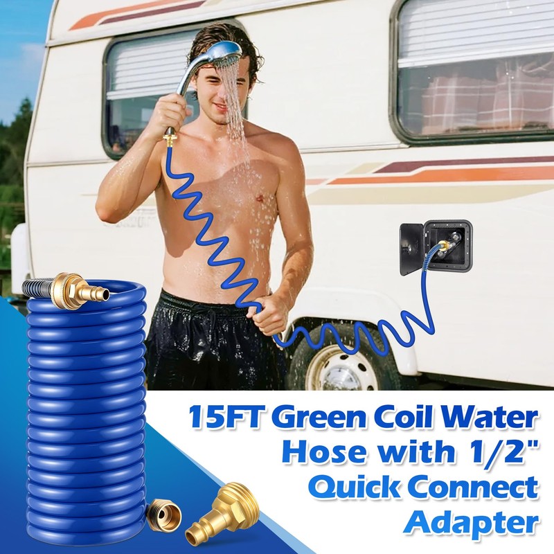 RV Exterior Shower Hose 15FT Coil Water Hose with 1/2"