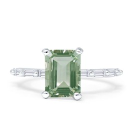 OMRANII Natural Green Amethyst Prasiolite Size-8 Art Deco Emerald Cut Solitaire Vintage Style Sparkling Baguette Wedding Engagement Ring Solid 925 Sterling Silver