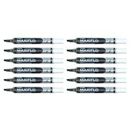 Pentel Maxiflo Dry Wipe Slim Chisel Tip Marker - Black (Pack of 12)