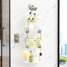 Orimade 4 Tier Adjustable Anti-slip Shower Caddy over Shower Head,Rustproof Bathroom Hanging shower Organizer with 4 Hooks for Razor,No Drilling Shower shelves Storage Rack, White