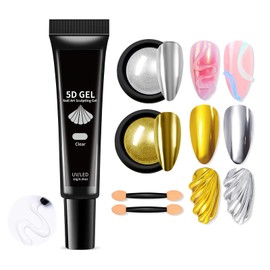 3D Sculpting Nail Gel - 10g Nail Sculpting Gel and 2Pcs Gold Chrome Nail Powder Silver Chrome Nail Powder - No Wipe 3D Nail Gel Set for Nail Designs DIY Nail Painting Carved