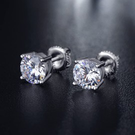 Screw Back Stud Earring Men Diamond Earrings Silver Men Stud Earrings with Screw Back Cubic Zirconia Earrings Screw Back Men Earring Sterling Silver Stud Earrings for Women CZ Earring Locking Back 6MM