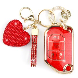 YIKECASE Key Fob Cover with Diamond Keychain Compatible with Jeep Car Key Holder Case Compatible with Jeep Wrangler JLU JL Gladiator Rubicon JT Flip Key Protector for Women, 4 Buttons (Red-Heart)