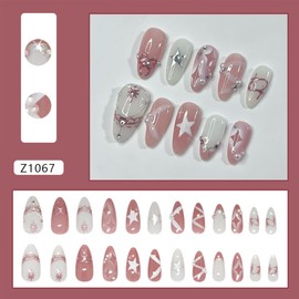 24pcs Pink White Medium Almond Shape Fake Nails Bow Press on Nails with 3D Rhinestone Summer Stars Stick on Nails Full Coverage Acrylic Nails for Women