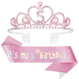CIEHER 5th Birthday Decorations for Girls - 5th Birthday Crown and Sash with Pearl Pin Set - Pink
