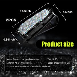 Dickno 2 PCS Bling Sunglasses Holder for Car Sun Visor, Crystal Rhinestones Eyeglasses Hanger Mount with Ticket Card Clip, Universal Vehicle Visor Decor Accessories for Women (AB)