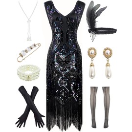 Women 1920s Gatsby V-Neck Sequin Art Deco Flapper Dress with 20s Accessories Set (XL, Black)