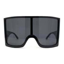 Womens XL Oversized Curved Shield Low Temple Huge Rectangle Sunglasses All Black