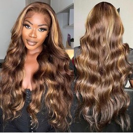 Honey Blonde Ombre Lace Front Wig Human Hair Highlight Wig Human Hair 4/27 Colored Body Wave HD Lace Front Wigs Human Hair Pre Plucked 180 Density Glueless 13X6 HD Lace Frontal Wig for Women(22 Inch)
