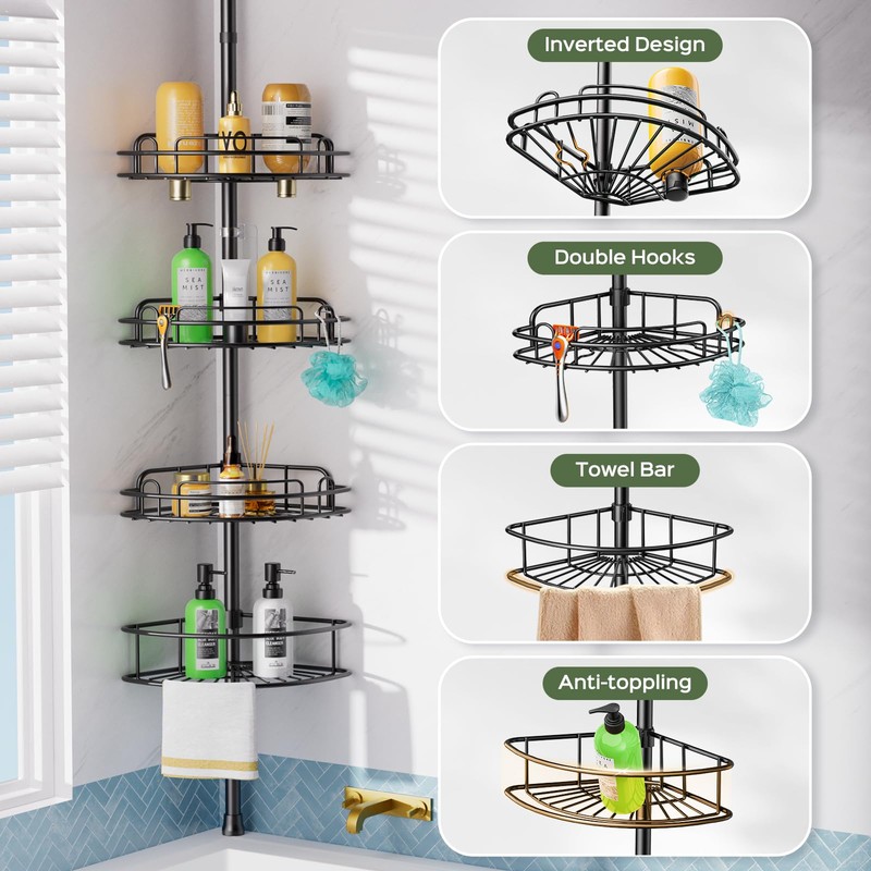 HAMITOR Shower Caddy Tension Pole: 4-Tier Rustproof Bathroom Corner Shelf