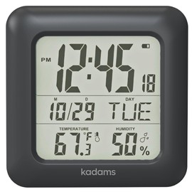 KADAMS Bathroom Clock 9.5" Kitchen Wall Clock with Large LCD Screen – Shower Clock with Suction Cup,Temperature, Humidity, Calendar – Water-Resistant, 4 Mounting Options, Black