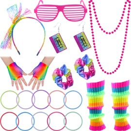 Riuziyi 80s Fancy Dress Costume Accessories for Women Lace Headband Hair Scrunchies Earrings Necklace Bracelet Fishnet Gloves Leg Warmers Neon Style Party Outfit Set (Rainbow Color)