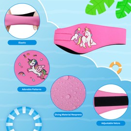 Children's Swimming Headband, Elastic Headband with Ear Plugs for Swimming and Other Water Sports (Dinosaurus Graffiti, S)
