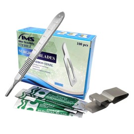 IMEDS Box of 100 Carbon Steel Sterile Blades #15 + Stainless Steel Scalpel Handle #3 with Graduated Scale + Blade Remover, All in One Set for Dental, Surgical, Lab, Veterinary Use, Make Sharp Cuts