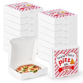 WANGDEFA 50 PCS Valentines Day Small Pizza Boxes Bulk 3.5 * 3.5 * 0.78 inch White Mini Pizza Boxes Tiny Pizza Boxes Cardboard Pizza Box with Stickers for Christmas Party Favors Diy
