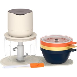 USB Charging Electric Food Processor - 600ML with 3 Additional 240ML Bowls | Compact Blender, Vegetable Chopper, and Meat Grinder for Versatile Kitchen Use (600ml Beige)