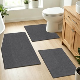 Ileading Bathroom Rugs Sets 3 Piece Non Slip Washable, Absorbent Quick Dry Thin Bath Runner Rug, U Shaped Toilet Mat for Shower Tub Sink Kitchen Laundry (Dark Gray)