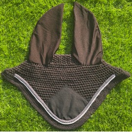 Elegant Black with Grey Horse Ear Bonnet, Fly Veil & Fly Mask – Fly Protection with Style and Comfort for Every Ride (Black with White & Grey, COB)