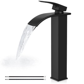 Airuida Vessel Sink Faucet, Tall Waterfall Bathroom Faucet, Single Handle One Hole Mixer Bowl Tap with Large Rectangular Spout, Bar Sink Faucet Lavatory Vanity- Matte Black