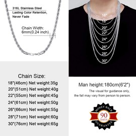 ChainsHouse Twisted Rope Chain with Jewellery Clasp, 316L Stainless Steel, Unisex Twisted Rolo Chain, 3 mm, 6 mm Wide, Various Lengths (18-30 Inches). 3 Colours (Black/Silver/Gold), Stainless Steel