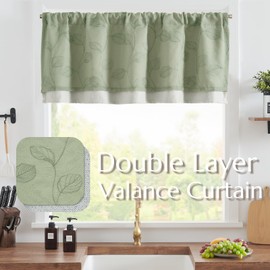 JINCHAN Green Leaf Embroidered Valance Curtain for Window Farmhouse Voile Double Layer Valance for Kitchen Living Room Botanic Rustic Country Window Treatment 18 Inch Room Darkening Rod Pocket 1 Panel