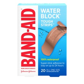 Band-Aid Brand Water Block Waterproof Tough Adhesive Bandages for First Aid Wound Care, Durable Waterproof Bandages to Protect Minor Cuts, Burns and Scrapes, All One Size, 20 ct