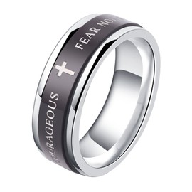 ALEXTINA 7MM Black Stainless Steel Bible Verse Isaiah 41:10 JOSHUA 1:9 Christian Ring Spinner Wedding Band Size 10