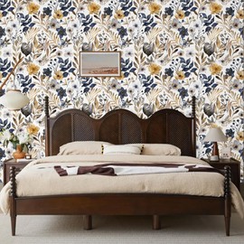 MAGAFA Floral Peel and Stick Wallpaper Navy Blue Gray Leaf Gold Self Adhesive Removable Floral Wallpaper for Bedroom Renter Friendly Contact Paper for Bedroom Bathroom Walls Shelf Liner 17.71"x236.2"