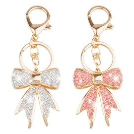 2 PCS Gold Bow Keychain with Rhinestones - Pink & White, Bowknot Keychain Bling Cute Keychains Shiny Purse Charms Car Keychains Aesthetic Key Chain Accessories for Keys