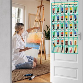 TEMUORG Hanging Acrylic Paint Tubes Organizer Over The Door Art Supplies Storage Markers 36 Pocket Holder for Pastels Crayons Brushes Tools (Beige)