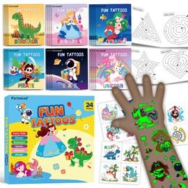 PARTYWIND 24 Pack Party Favors for Kids, 576 Pcs Glow Tattoo & 48 Mazes Games for Party Supplies, 6 Theme Designs for Boys Girls, Birthday Goodie Bags Stuffers, Carnival Classroom Prizes for Kids