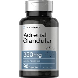 HORBÄACH Suplemento Adrenal Glandular bovino 350 mg - 90 cápsulas de liberación rápida - sin gluten, sin soya, sin lácteos - no OGM