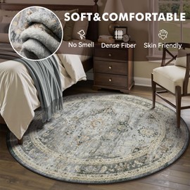 Engiw 6 ft Round Rugs for Living Room Bedroom Rug Circle Area Rug for Dining Room Table Throw Vintage Circular Rugs Washable Soft Comfortable Neutral Grey
