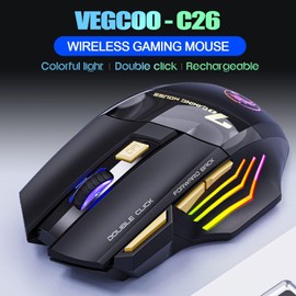 VEGCOO Wireless Gaming Mouse, Rechargeable Silent Wireless Mouse with 4800 DPI Adjustable,Double Click Key, Colorful RGB Lights, Computer Mice with Thumb Rest for PC/Mac Gamer (C26 Black)