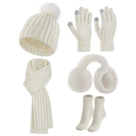 Warmiehomy Women Hat Scarf and Gloves Set Ladies 5Pcs,Winter Warm Knitted Beanie Cap Long Scarf Touchscreen Gloves Plush Ear Thermal Socks 5 in 1 Set Women Gift for Outdoor Sports,White