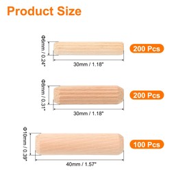 uxcell 500Pcs 6x30mm/8x30mm/10x40mm Wooden Dowel Pins, Fluted Wood Beveled Ends Tapered Dowel Hardwood Pegs, Fluted Wood Dowels Rods for Furniture, Crafts, DIY
